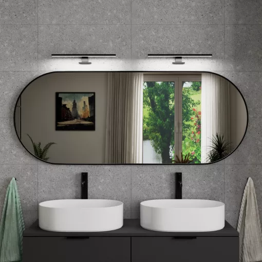 HD Kylie Black 150x60 cm széles fürdőszobai ovális fali tükör, matt fekete színű alumínium kerettel és LED lámpával