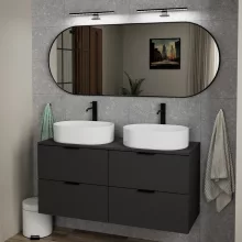 HD Kylie Black 150x60 cm széles fürdőszobai ovális fali tükör, matt fekete színű alumínium kerettel és LED lámpával