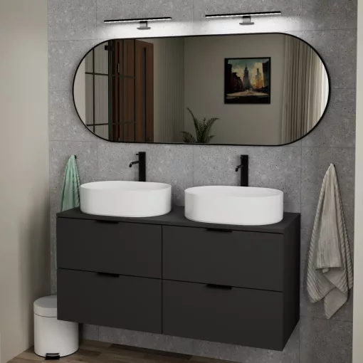 HD Kylie Black 150x60 cm széles fürdőszobai ovális fali tükör, matt fekete színű alumínium kerettel és LED lámpával