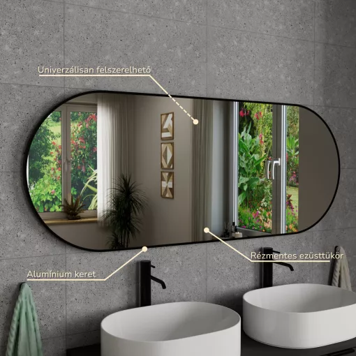 HD Kylie Black 150x60 cm széles fürdőszobai ovális fali tükör, matt fekete színű alumínium kerettel és LED lámpával