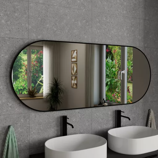 HD Kylie Black 150x60 cm széles fürdőszobai ovális fali tükör, matt fekete színű alumínium kerettel