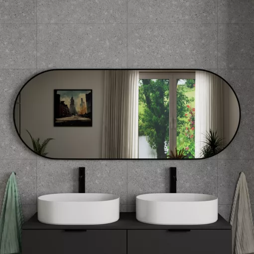 HD Kylie Black 150x60 cm széles fürdőszobai ovális fali tükör, matt fekete színű alumínium kerettel