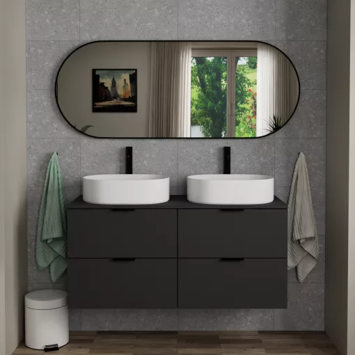 HD Kylie Black 150x60 cm széles fürdőszobai ovális fali tükör, matt fekete színű alumínium kerettel