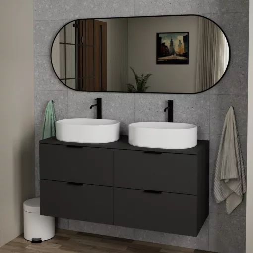 HD Kylie Black 150x60 cm széles fürdőszobai ovális fali tükör, matt fekete színű alumínium kerettel