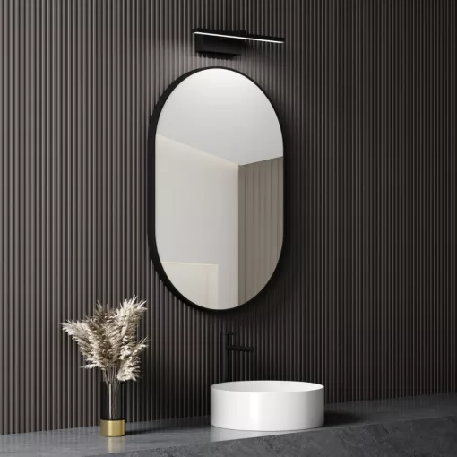 HD Kylie Black 60 cm széles fürdőszobai ovális fali tükör, fekete színű alumínium kerettel és LED lámpával