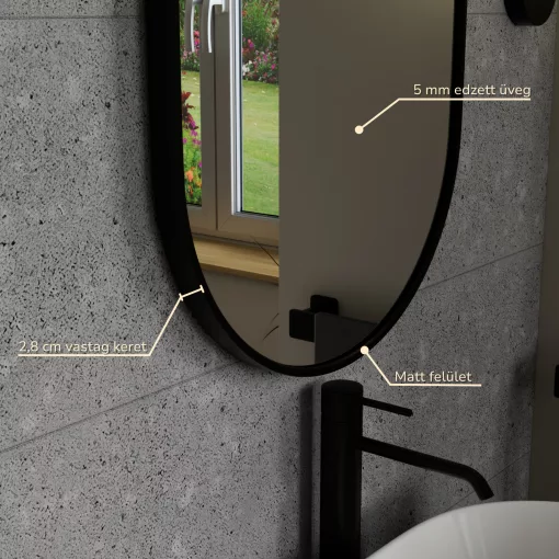 HD Kylie Black 45x76 cm széles fürdőszobai ovális fali tükör, fekete színű alumínium kerettel és LED lámpával