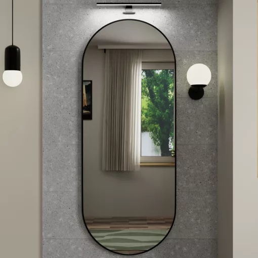 HD Kylie Black 60x150 cm széles fürdőszobai ovális fali tükör, matt fekete színű alumínium kerettel és LED lámpával