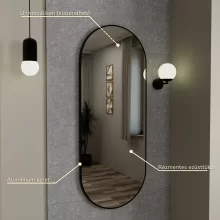 HD Kylie Black 60x150 cm széles fürdőszobai ovális fali tükör, matt fekete színű alumínium kerettel és LED lámpával