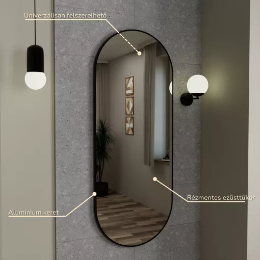 HD Kylie Black 60x150 cm széles fürdőszobai ovális fali tükör, matt fekete színű alumínium kerettel és LED lámpával