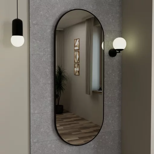 HD Kylie Black 60x150 cm széles fürdőszobai ovális fali tükör, matt fekete színű alumínium kerettel