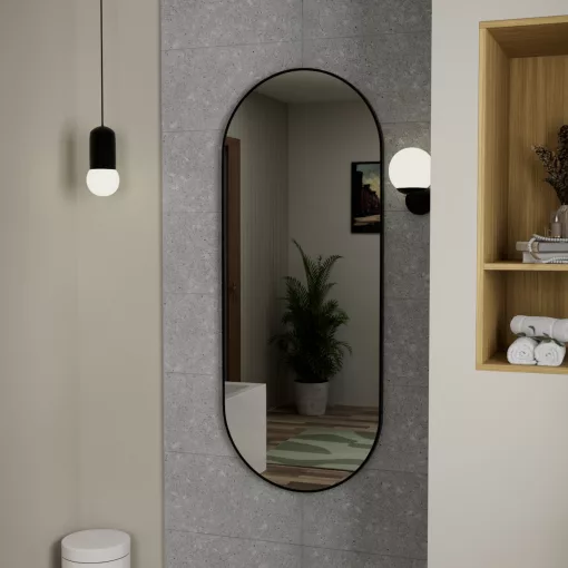 HD Kylie Black 60x150 cm széles fürdőszobai ovális fali tükör, matt fekete színű alumínium kerettel