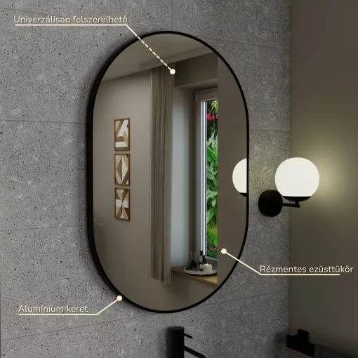 HD Kylie Black 60x90 cm széles fürdőszobai ovális fali tükör, fekete színű alumínium kerettel és LED lámpával