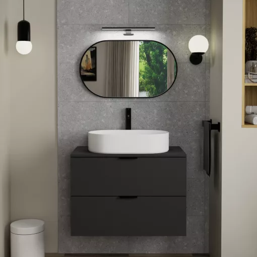 HD Kylie Black 76x45 cm széles fürdőszobai ovális fali tükör, fekete színű alumínium kerettel és LED lámpával