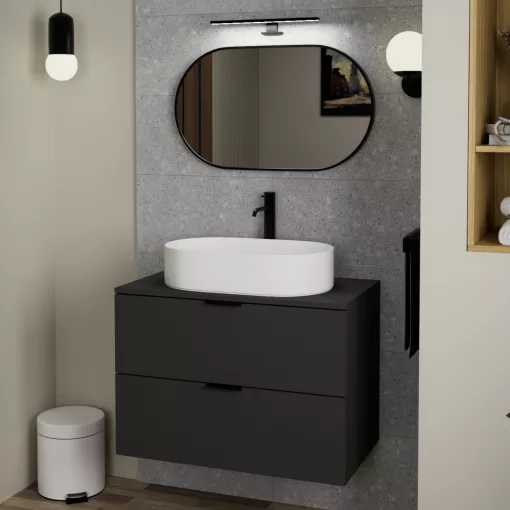 HD Kylie Black 76x45 cm széles fürdőszobai ovális fali tükör, fekete színű alumínium kerettel és LED lámpával