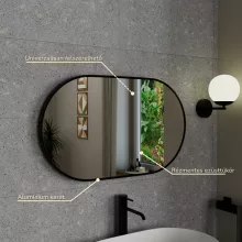HD Kylie Black 76x45 cm széles fürdőszobai ovális fali tükör, fekete színű alumínium kerettel és LED lámpával