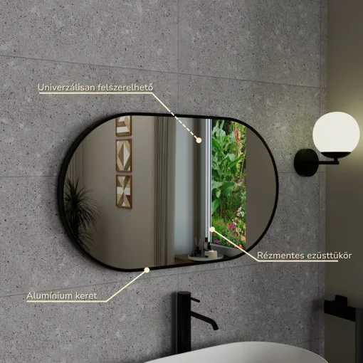 HD Kylie Black 76x45 cm széles fürdőszobai ovális fali tükör, fekete színű alumínium kerettel és LED lámpával