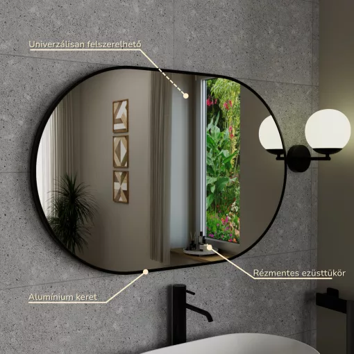 HD Kylie Black 90x60 cm széles fürdőszobai ovális fali tükör, fekete színű alumínium kerettel