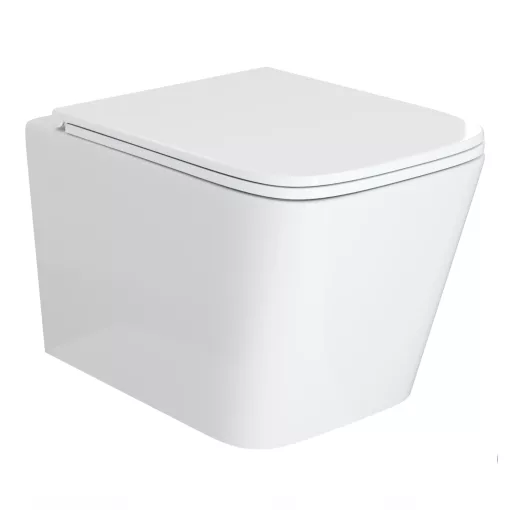 HD River Glossy White perem nélküli mély öblítésű szögletes fali WC slim "D" tetővel és fényes króm zsanérral