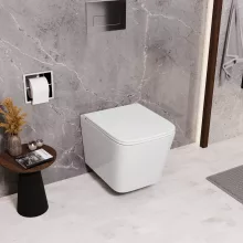 HD River Glossy White perem nélküli mély öblítésű szögletes fali WC slim "D" tetővel és fényes króm zsanérral