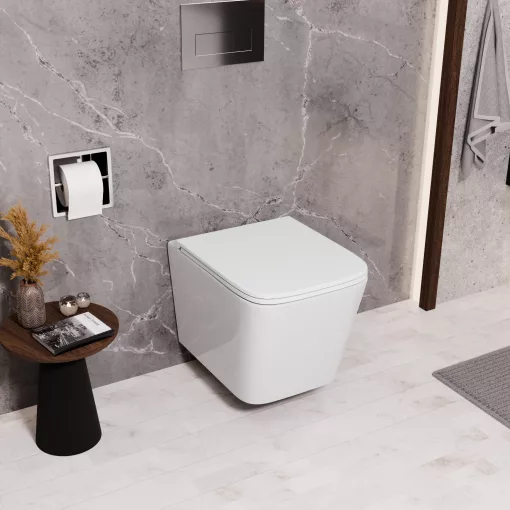 HD River Glossy White perem nélküli mély öblítésű szögletes fali WC slim "D" tetővel és fényes króm zsanérral