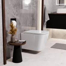 HD River Glossy White perem nélküli mély öblítésű szögletes fali WC slim "D" tetővel és fényes króm zsanérral