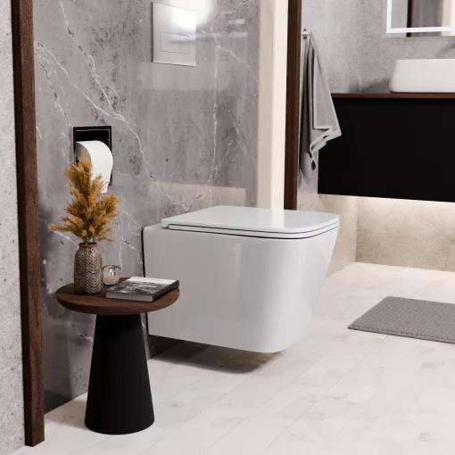 HD River Glossy White perem nélküli mély öblítésű szögletes fali WC slim "D" tetővel és fényes króm zsanérral