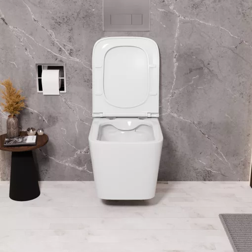 HD River Glossy White perem nélküli mély öblítésű szögletes fali WC slim "D" tetővel és fényes króm zsanérral