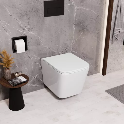 HD River Glossy White perem nélküli mély öblítésű szögletes fali WC slim "D" tetővel és matt fekete zsanérral