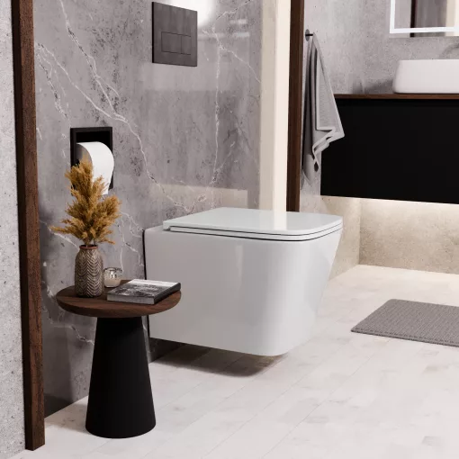 HD River Glossy White perem nélküli mély öblítésű szögletes fali WC slim "D" tetővel és matt fekete zsanérral