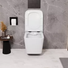 HD River Glossy White perem nélküli mély öblítésű szögletes fali WC slim "D" tetővel és matt fekete zsanérral