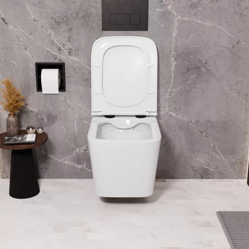 HD River Glossy White perem nélküli mély öblítésű szögletes fali WC slim "D" tetővel és matt fekete zsanérral