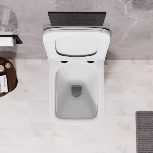 HD River Glossy White perem nélküli mély öblítésű szögletes fali WC slim "D" tetővel és matt fekete zsanérral