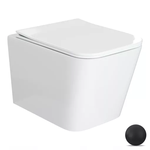HD River Glossy White perem nélküli mély öblítésű szögletes fali WC slim "S" tetővel és matt fekete zsanérral