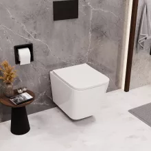 HD River Glossy White perem nélküli mély öblítésű szögletes fali WC slim "S" tetővel és matt fekete zsanérral