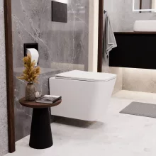 HD River Glossy White perem nélküli mély öblítésű szögletes fali WC slim "S" tetővel és matt fekete zsanérral