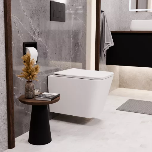 HD River Glossy White perem nélküli mély öblítésű szögletes fali WC slim "S" tetővel és matt fekete zsanérral