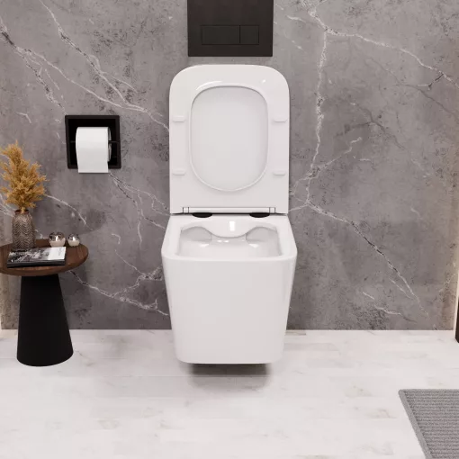 HD River Glossy White perem nélküli mély öblítésű szögletes fali WC slim "S" tetővel és matt fekete zsanérral