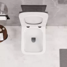 HD River Glossy White perem nélküli mély öblítésű szögletes fali WC slim "S" tetővel és matt fekete zsanérral
