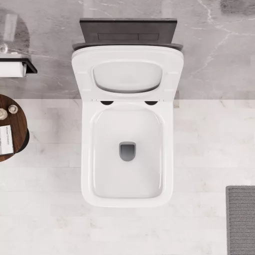 HD River Glossy White perem nélküli mély öblítésű szögletes fali WC slim "S" tetővel és matt fekete zsanérral