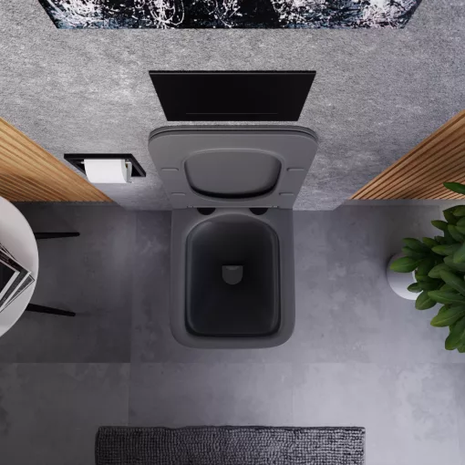 HD River Matt Antracit perem nélküli mély öblítésű szögletes fali WC slim "S" tetővel és matt fekete zsanérral