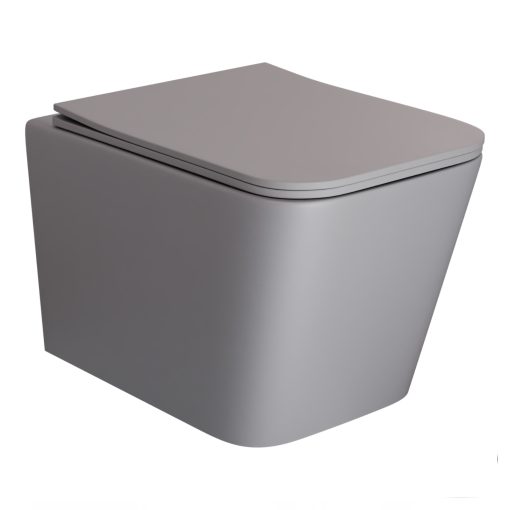 HD River Matt Grey perem nélküli mély öblítésű szögletes fali WC slim "S" tetővel és fényes króm zsanérral