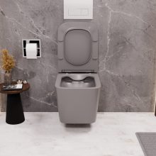 HD River Matt Grey perem nélküli mély öblítésű szögletes fali WC slim "S" tetővel és fényes króm zsanérral