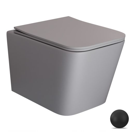 HD River Matt Grey perem nélküli mély öblítésű szögletes fali WC slim "S" tetővel és matt fekete zsanérral