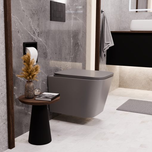 HD River Matt Grey perem nélküli mély öblítésű szögletes fali WC slim "S" tetővel és matt fekete zsanérral