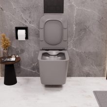 HD River Matt Grey perem nélküli mély öblítésű szögletes fali WC slim "S" tetővel és matt fekete zsanérral