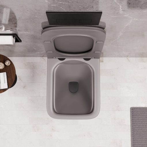 HD River Matt Grey perem nélküli mély öblítésű szögletes fali WC slim "S" tetővel és matt fekete zsanérral