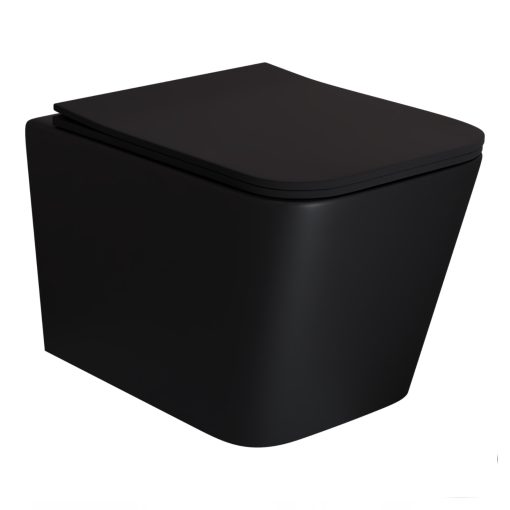 HD River Matt Black perem nélküli mély öblítésű szögletes fali WC slim "S" tetővel és matt fekete zsanérral