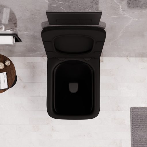 HD River Matt Black perem nélküli mély öblítésű szögletes fali WC slim "S" tetővel és matt fekete zsanérral