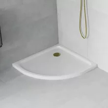 HD Slim 90x90 íves lapos akril zuhanytálca, 5 cm magas, arany szifonnal