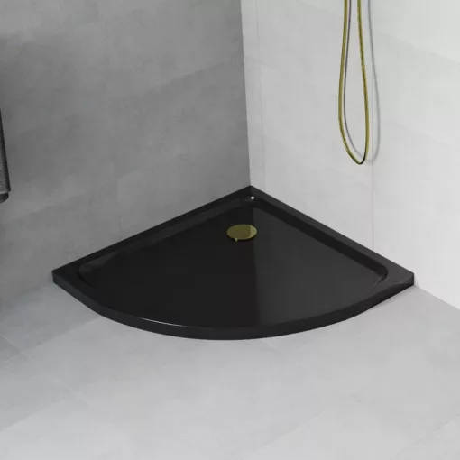 HD Slim Black 90x90 fekete íves lapos akril zuhanytálca, 5 cm magas, arany szifonnal